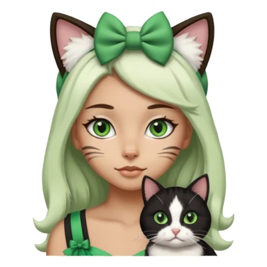 A black and white cat with green eyes she’s a girl she has a bow on her head she’s kinda fluffy  sticker