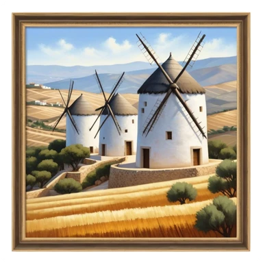 ​Cinematic Realistic Spanish Windmills (Mota del Cuervo), depicted as a cluster of gracefully aged windmills with weathered whitewashed facades and rustic wooden sails, standing proudly on a sunlit, rolling hillside of golden fields and olive groves, rendered with intricate textures and soft natural lighting that captures the timeless rural charm and historical significance of the Spanish landscape, sticker