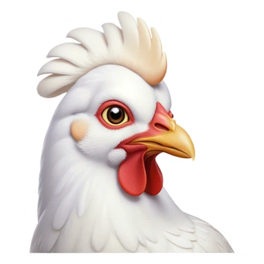 Cinematic Noble White Chicken Portrait Emoji, Poised and regal, with a compact, sturdy build and a pristine, well-groomed pure white plumage, deep-set soulful beady eyes, Simplified yet sharp and sophisticated features, highly detailed, glowing with a soft, dignified glow, high shine, intelligent and alert, stylized with an air of barnyard elegance, focused and attentive, soft glowing outline, capturing the essence of a watchful and confident fowl, so majestic it feels as though it could strut out of the screen with effortless authority! sticker
