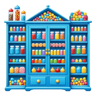 blue cabinet with candy on the top shelf sticker