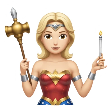 Blonde Wonder Woman holding short white orchestra conductor’s baton and bell sticker
