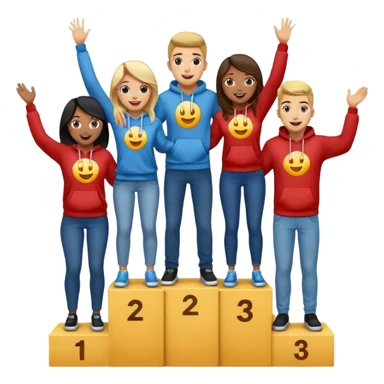 multi-racial men and women standing on a winners’ podium with the middle podium position elevated, casually dressed in fun clothing like jeans, t-shirts, and hoodies, excited, fun, expressive emoji style sticker