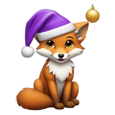 Baby fox wearing purple Santa hat sitting next to a  Christmas tree   sticker