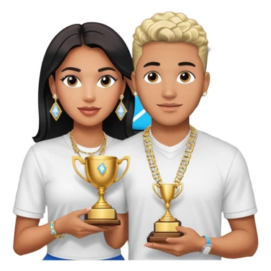 Internet celebrity Josh King Madrid jetset wearing shiny diamond earrings and sparkly iced out diamond tennis necklace chains with Instagram model girl tefi valenzuela sitting with him holding gold internet celebrity trophy on tv show in Miami sticker