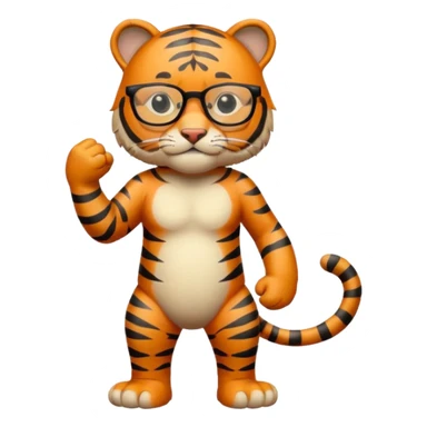 un tigre con gafas parado en dos patas con la mano en la derecha haciendo firme sticker
