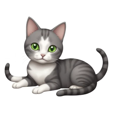 full body tiny short hair dark grey and white cat with white front legs and green eyes lying down sticker