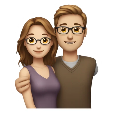 Two people hugging, the woman has white skin and brown hair, and the man has white skin, wears glasses, and has brown hair sticker