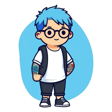 person with blue hair, glasses, and a visible tattoo, cartoon sticker style sticker