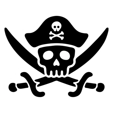 icon-style emblem with centered green skull with empty sockets, classic pirate hat with small skull-and-crossbones, two curved cutlasses crossed behind the skull, clean black and green lines, white background, swords do not obscure the skull sticker