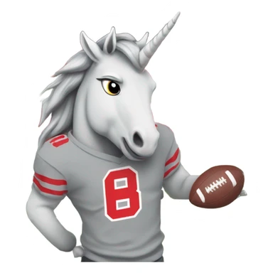 Grey happy Unicorn wearing buckeye shirt on a football field, wearing OSU state university shirt sticker