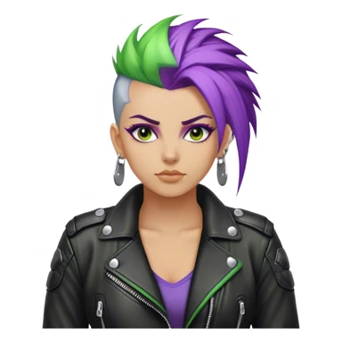 3D, create an image of an ultra detailed biker girl with a purple and green Mohawk wearing a black leather jacket with silver buttons sticker