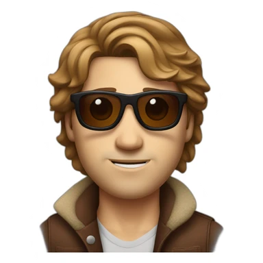 white men with a mole on the cheek, brown messy hair semi-long, wearing big sunglasses and red bandana sticker