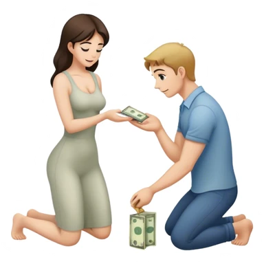 Man on knees woman standing handing her money sticker