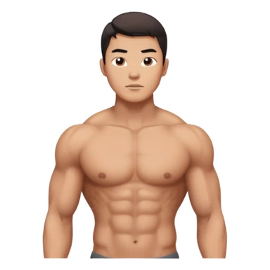 A standing buff shirtless asian guy with a really square jawline. Make his jawline extremely square and exaggerated. Also give him a middle part haircut sticker