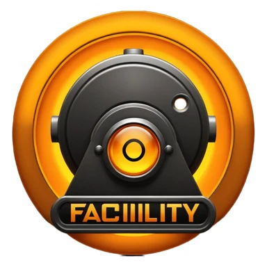 glowing amber industrial emblem above bold text reading “THE FACILITY”, dark background, clean typography, sci-fi bunker aesthetic, high contrast, sticker