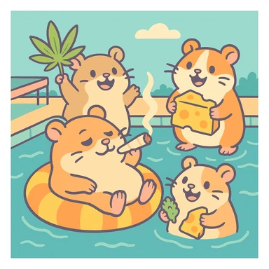 square Discord server icon, hamsters at a pool party with weed, cheese, THC theme, no disco ball, Pastel Toon style, nostalgic, fun, inviting, summer party vibe, pastel colors, playful details, clear composition sticker