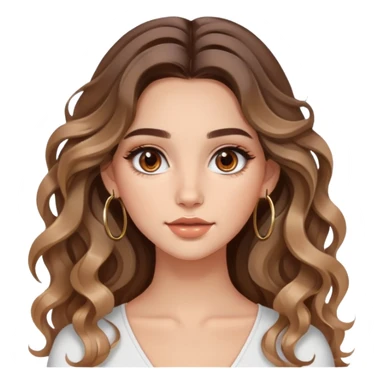 cute long haired wavy balayage haired girl, brown eyes, hoop earrings, clean natural girl makeup with gloss sticker