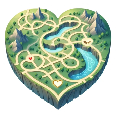 Magical cartography map with abstract heart-shaped pathways blending into the terrain lines, glowing ethereal map symbols sticker