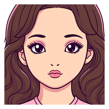 girl with light wheatish skin, dark brown long wavy hair, pouty shiny lips with berry lip gloss, large eyes with eyelashes, pink blush on cheeks, inner eye highlighted with white eyeliner, button nose sticker