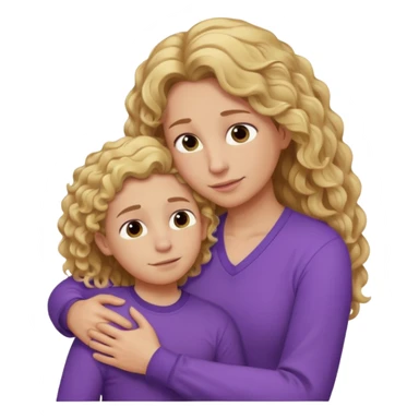 a mother with blond curly long wearing purple hugging his son with brown hair and like saying its okay sticker