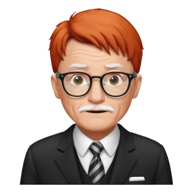 red-haired old man wearing glasses and black-white dress code sticker
