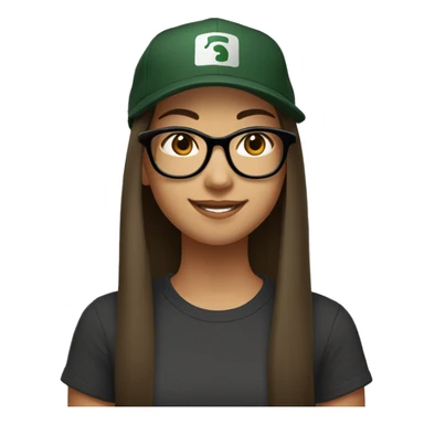 Look from side, asian girl, light skin, smiling with teeth, black eyes, spotted frame glasses, long brown straight hair with highlighted strands, black T-shirt, dark green cap. sticker