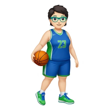 Full Body plus size white female basketball player with short dark hair with highlights spike hair wearing blue glasses  wearing blue green uniform  green sneakers smiling sticker