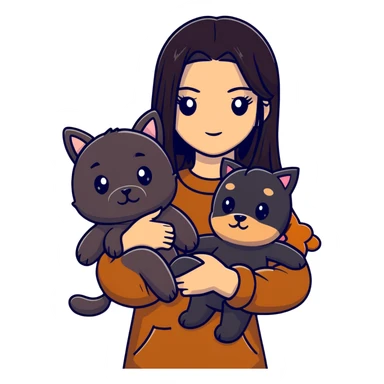 Kendall Jenner with long dark hair holding a brown teddy bear, a black schnauzer and a cow cat in her arms sticker