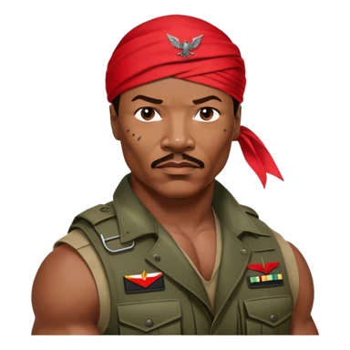 Carl Weathers as Dillon from Predator movie, muscular man in military gear with bandana sticker