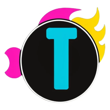 Minimalist sticker with white 'tt' letters on a black circle with cyan, magenta, and yellow dots below, fire emoji with street style influence sticker