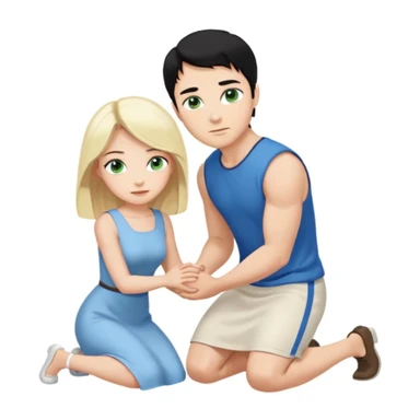 Man as prince, upright, black Hair, blue eyes, woman, blonde, green eyes, shott white sleveless Dress, kneeling, background palace sticker