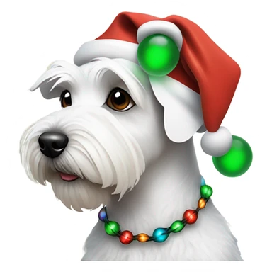 White miniature schnauzer with Santa hat and tangled up in Christmas lights sticker