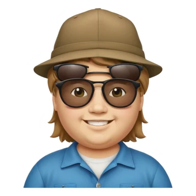 a very fat 16 year old boy who has light brown hair and a mullet and wearing a hat with upside down sunglasses on top of the hat sticker