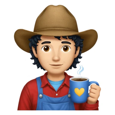 Ranch hand with blue hat and coffee mug, curly black hair, red shirt sticker