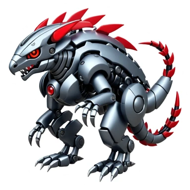 Futuristic mechanical cyborg modern badass cool shiny metallic alloy silver-grey obsidian-black crimson-red white animal Digimon Fakémon hybrid full body with intricate patterns sticker