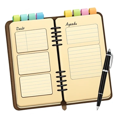 daily planner agenda cream leather with open page and pen with stickynotes sticker