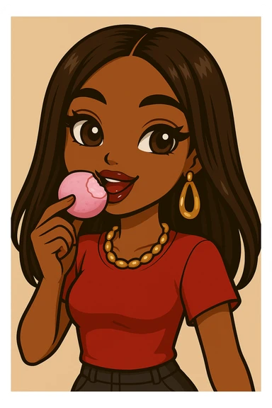 Change the pose to eating pink mochi ice cream, headshot only, 20-year-old anime Bratz style woman with dark skin, straight hair, brown eyes, red shirt, trendy outfit, glossy lips, no hat, no tears, happy expression, both eyes open, looking straight ahead. sticker