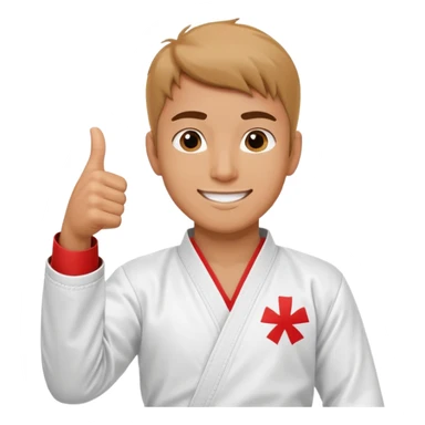 Crea un personaje masculino con el uniforme de taekwondo que tenga efecto dibujito y esté realizando este gesto con la mano👍🏼, debe estar sonriente sticker