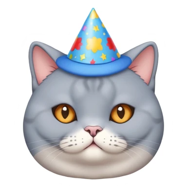 British shorthair blue cat with round face and chubby cheeks wearing a colorful birthday hat sticker