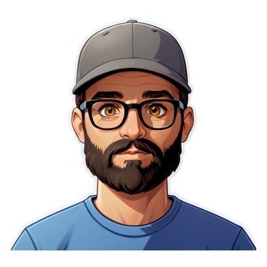A man with a grey baseball cap, hazel eyes, big dark brown beard and glasses, hi sticker