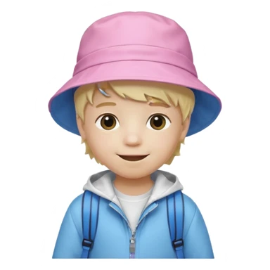 A little boy student white skin, blonde hair, with pink bucket hat, white jacket, blue backpack sticker