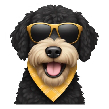 A black dog breed “golden doodle” wearing sunglasses with a big smile with human like teeth. Also with a bandanna around its neck that says mums favourite  sticker