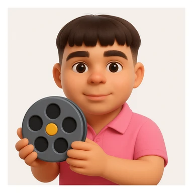 Create a 3D emoji style image of this person holding a cinema symbol such as a film reel or clapperboard. The style should resemble Microsoft style 3D fluent emojis with smooth, rounded shapes and vibrant colors. Focus on capturing the person's likeness and the cinema symbol in a clear and playful 3D emoji form. sticker