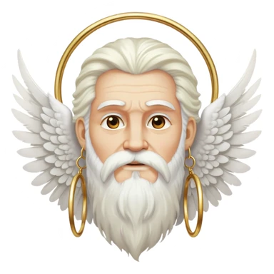 Zeus-like deity with large white feathered wings, long white hair and beard, wise expression, gold hoop earrings hanging from ears sticker