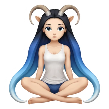 Art of a human white woman's very perfect body scheme anatomy-very long straight black to blue hair ombre-small goat horns-lean back-on knees sticker
