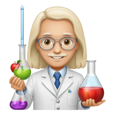 Mendeleev in a laboratory coat holding test tubes and flasks, smiling, apple emoji style sticker