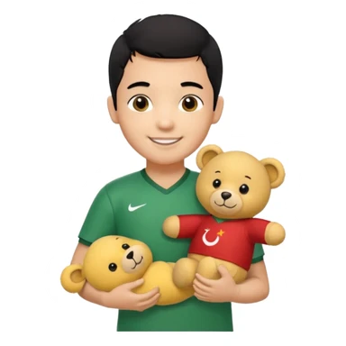 Une garçon qui a les cheveux noir qui sourit il a un maillot de l’algerie et qui a un doudou jaune sur son epaule un ours jaune qui a des habille noir sticker