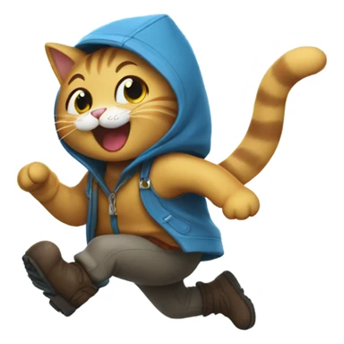 Cat wearing boots and laughing while running in the rain sticker