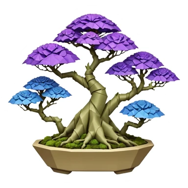 Futuristic wild glowing et alien moss maples Bonsai hair-fine-leaf group multi faceted crystal boxwood purple and cream rose blue informal rocky cliffhanger eight trees forest planting in shallow origami slab style pot with big anthropomorphic feet  sticker