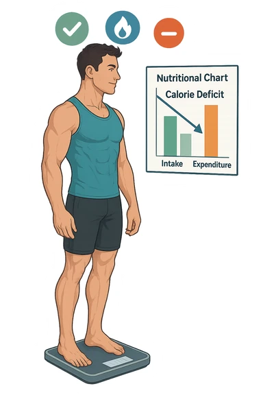 a man stands on a digital scale, looking at a nutrition chart that shows his daily calorie intake is lower than his energy expenditure. Floating icons above his head display a negative calorie balance, and his body appears slightly leaner, with visible muscle definition. The background is a modern clinic, emphasizing the concept of caloric deficit. scritto in italiano sticker